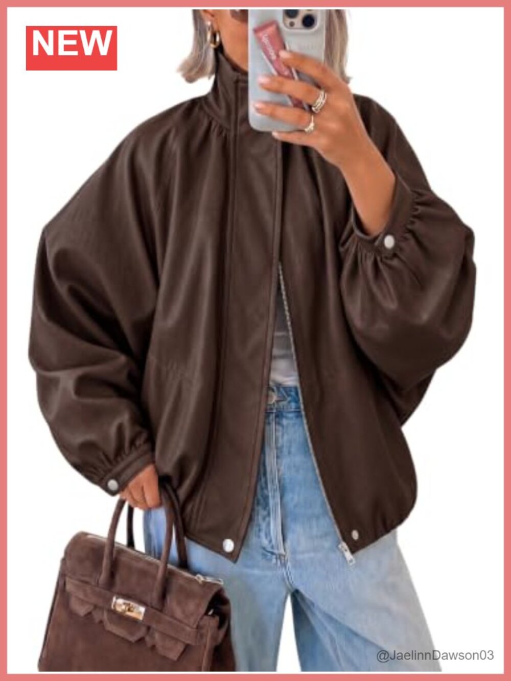 Faux Leather Bomber Jacket Long Sleeve Zip Fall Coat